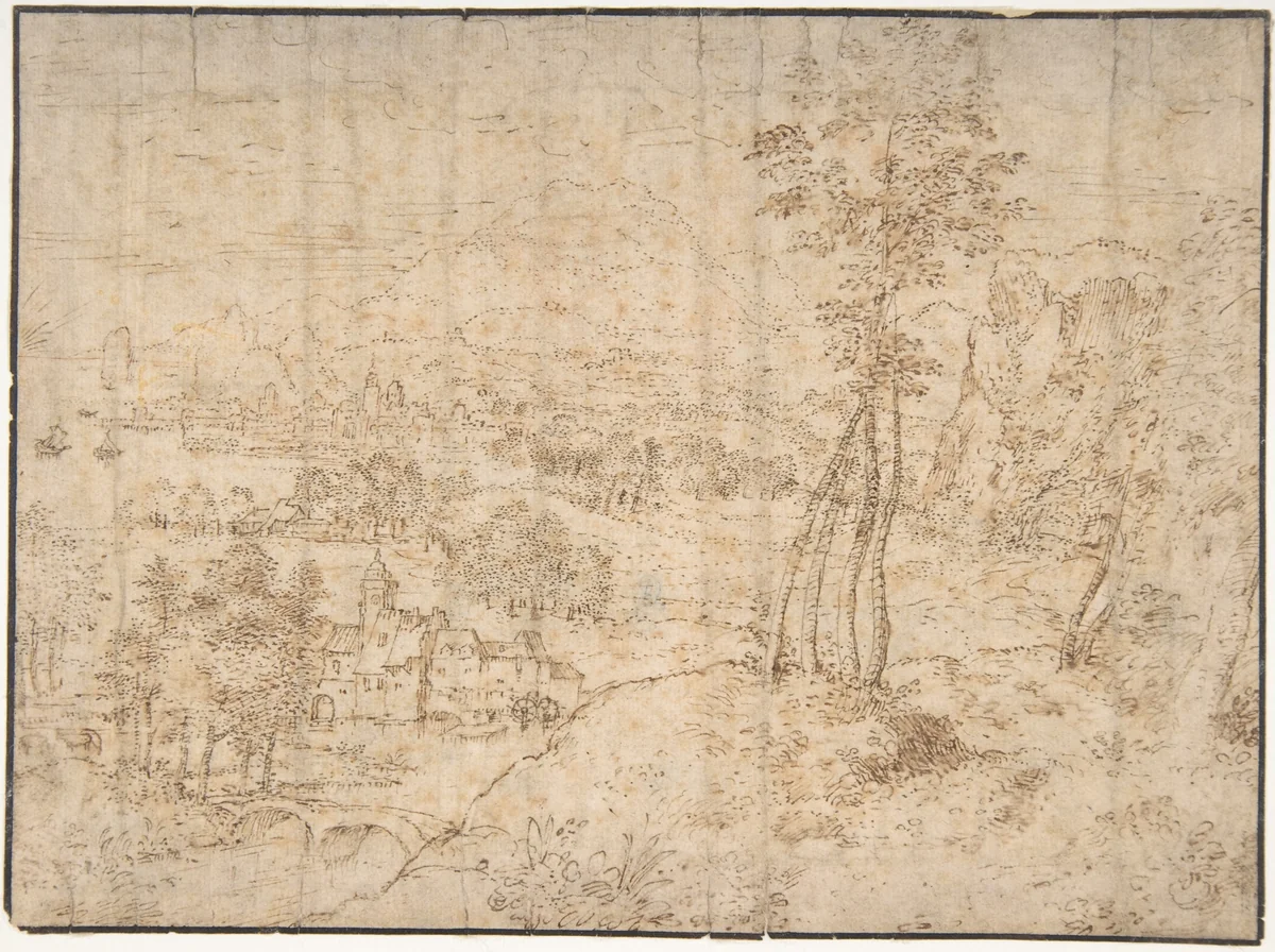 Landscape with a Town by the Seashore and Mountains in the Distance by Matthijs Cock, drawing, 1520-1548