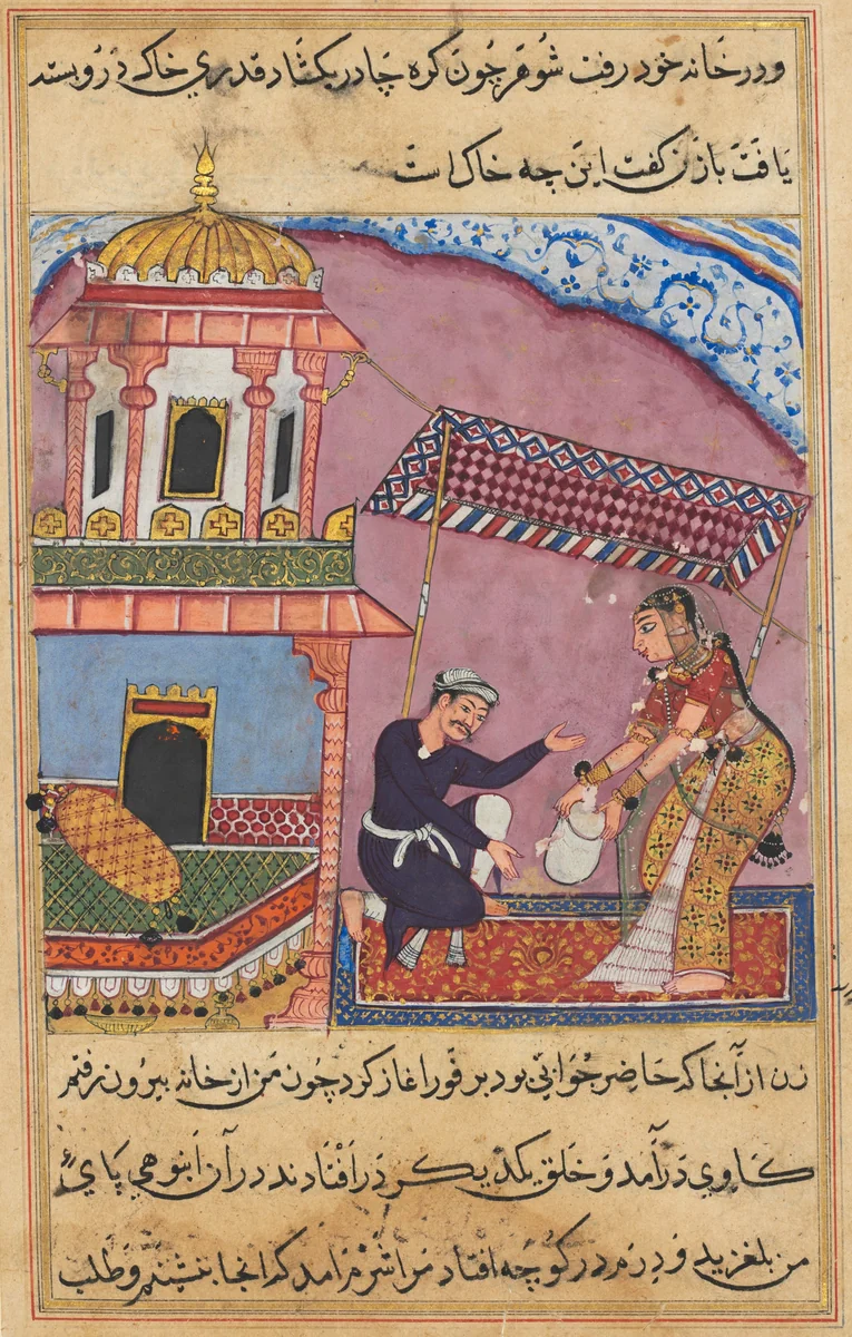 The husband berates his wife for purchasing gravel instead of sugar, from a Tuti-nama (Tales of a Parrot): Eighth Night by Unknown, painting, 1555-1565