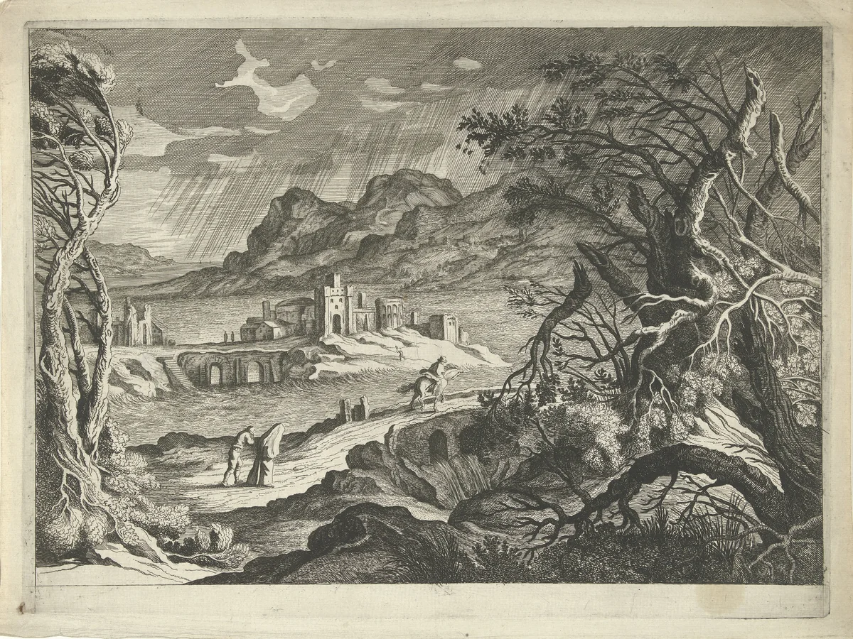 Italiaans landschap in de storm by Willem van de Lande, print, 1635-1650