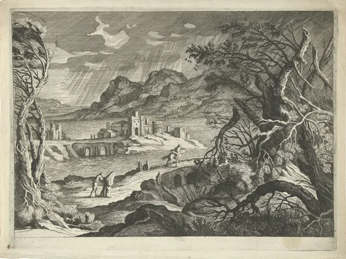 Italiaans landschap in de storm by Willem van de Lande, print, 1635-1650