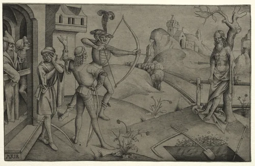 The King's Sons Shooting at their Dead Father's Body by Mair von Landshut, print, 1495-1504