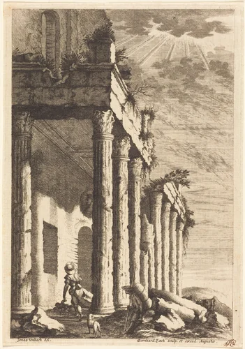 Travelers beside a Ruined Portico by Bernhard Zaech; Jonas Umbach, print, 1570-1710