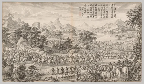 Receiving Surrender from the Eli: from Battle Scenes of the Quelling of Rebellions in the Western Regions, with Imperial Poems by Giuseppe Castiglione (郎世寧), print, 1765-1774