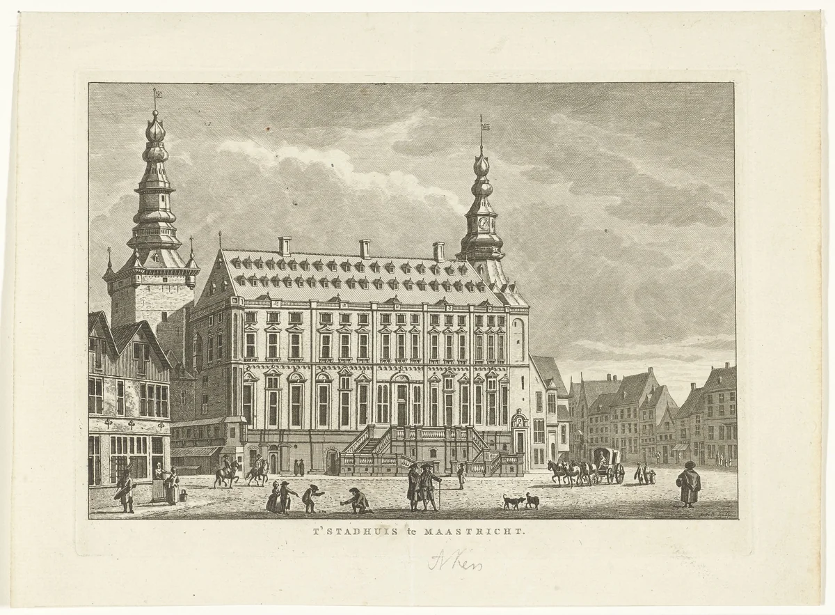Stadsgezicht met stadhuis te Aken by Carel Frederik Bendorp, print, 1786-1792