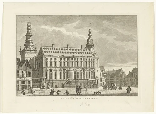 Stadsgezicht met stadhuis te Aken by Carel Frederik Bendorp, print, 1786-1792