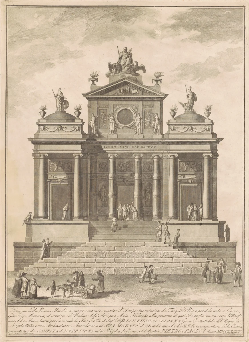 The Prima Macchina for the Chinea of 1785: The Temple of Jupiter Begun by Tarquinius Priscus with the Marvel of Accius Naevius by Francesco Barbazza; Giuseppe Palazzi, print, 1785