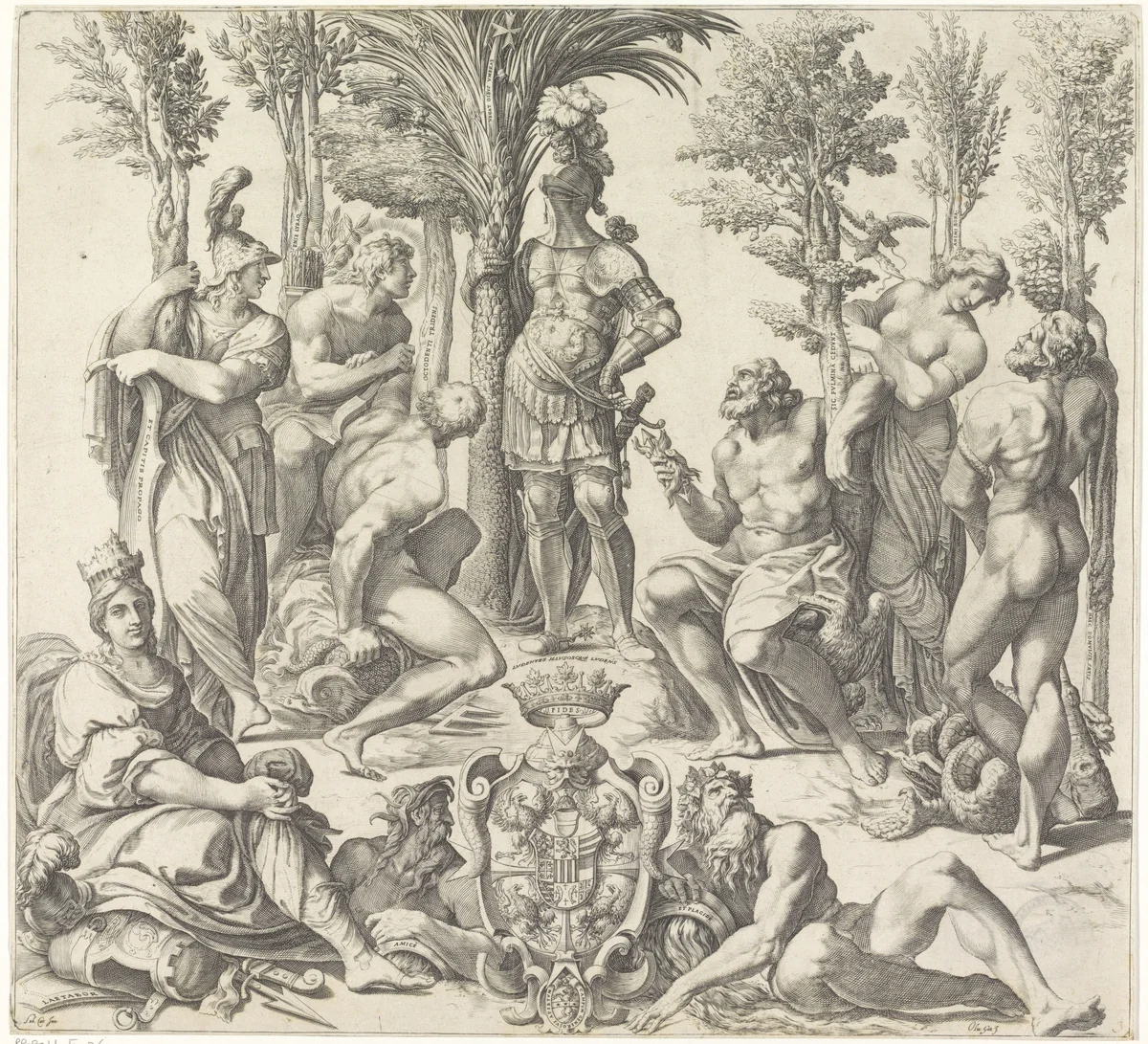 Hertog van Mantua met de zes voornaamste Romeinse goden by Unknown, print, 1589-1626