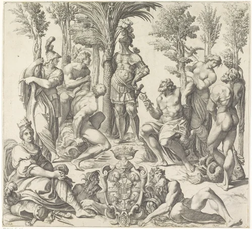 Hertog van Mantua met de zes voornaamste Romeinse goden by Unknown, print, 1589-1626