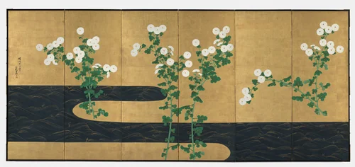 Chrysanthemums by a Stream by Ogata Kōrin, painting, 1715-1930