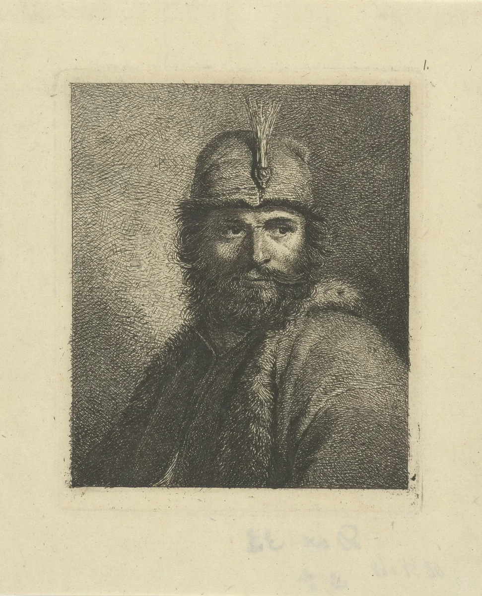 Portret van onbekende man met baard en gepluimde hoed by Johannes Pieter de Frey, print, 1780-1834