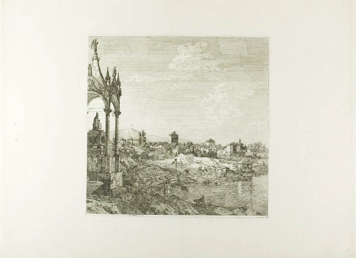View of a Town with a Bishop's Tomb, from Vedute by Canaletto, print, 1735-1744