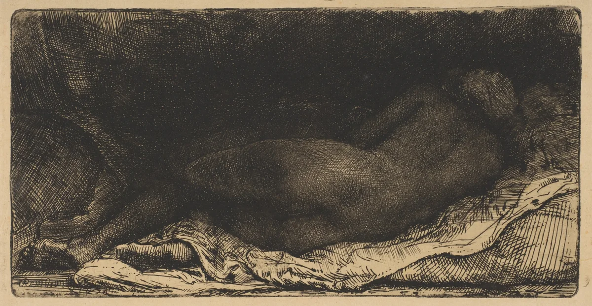 Reclining Female Nude by Rembrandt van Rijn, print, 1658