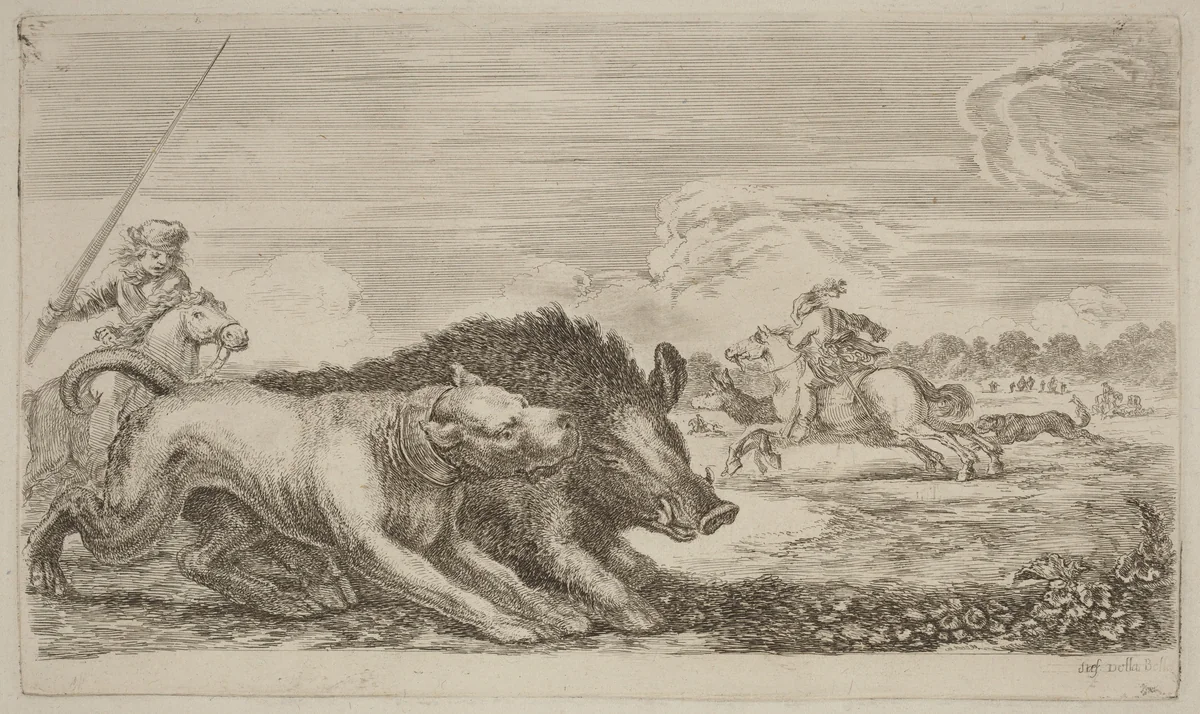 Boar Chased by a Dog by Stefano della Bella, print, 1610-1664