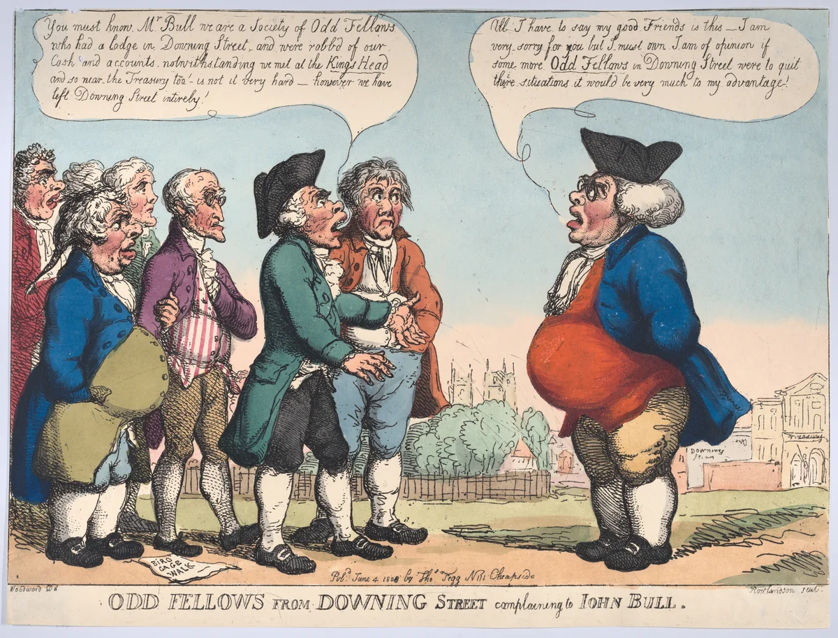 Odd Fellows from Downing Street Complaining to John Bull by Thomas Rowlandson, print, 1808
