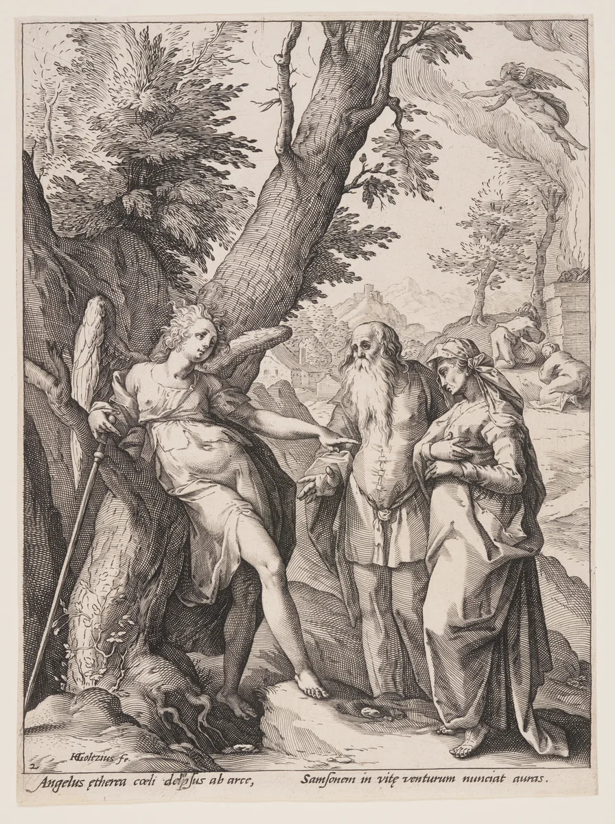 Angel with Manoah and His Wife by Hendrick Goltzius, print, 1586
