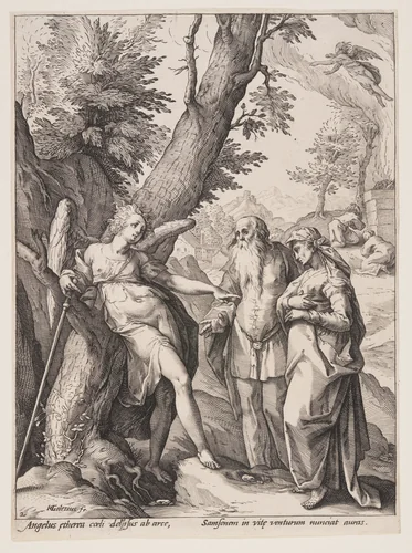 Angel with Manoah and His Wife by Hendrick Goltzius, print, 1586