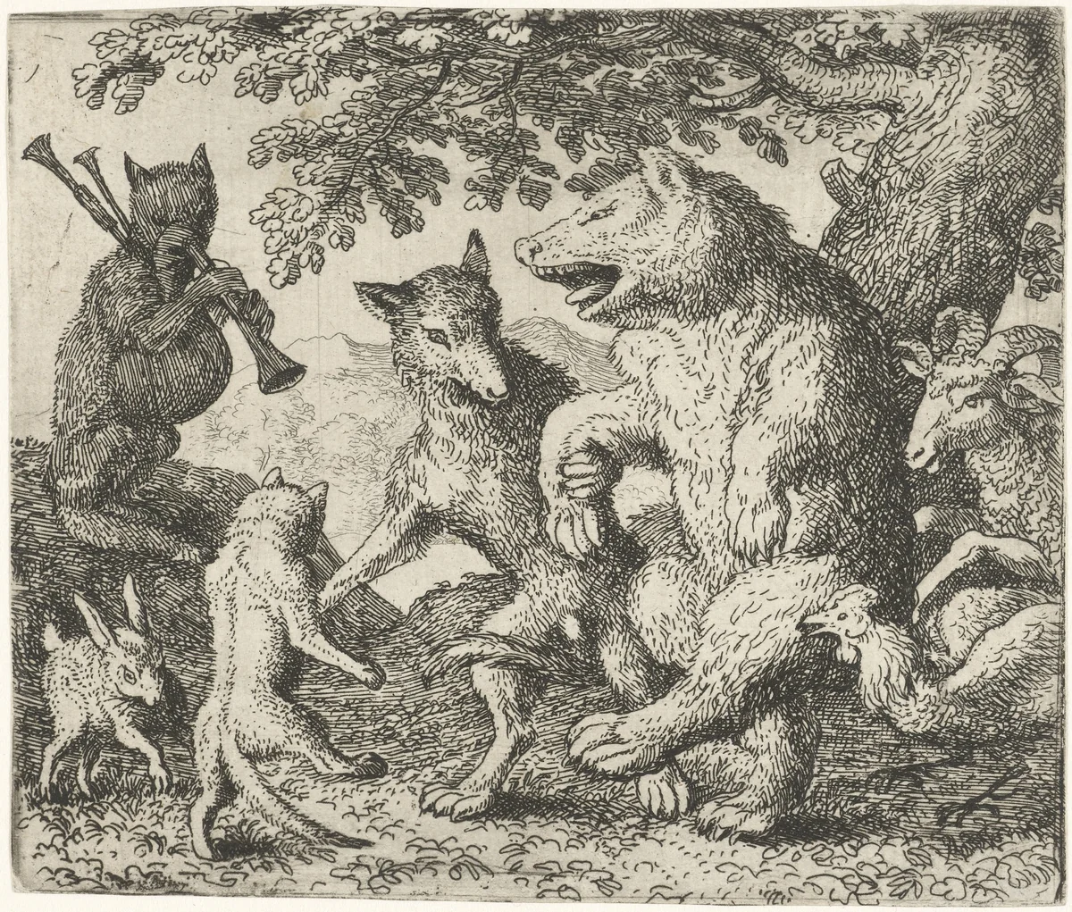 Isengrijn de wolf en Bruun de beer vieren feest by Allaert van Everdingen, print, 1665-1675