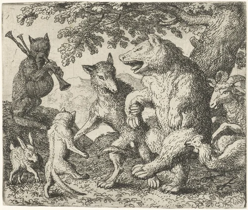 Isengrijn de wolf en Bruun de beer vieren feest by Allaert van Everdingen, print, 1665-1675