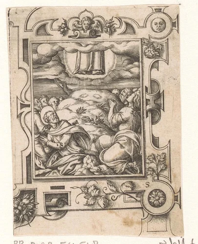 Hemelvaart in een rolwerk omlijsting by Unknown, print, 1568