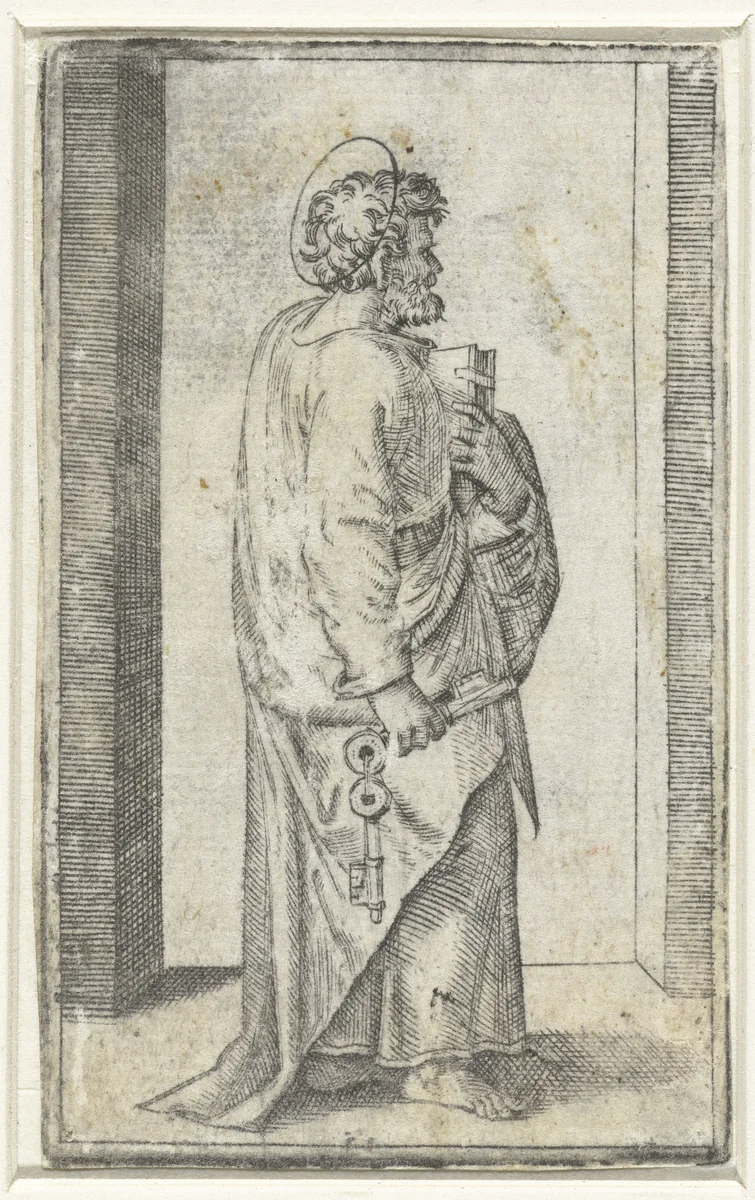 Apostel Petrus met sleutels by Marcantonio Raimondi, print, 1517-1527
