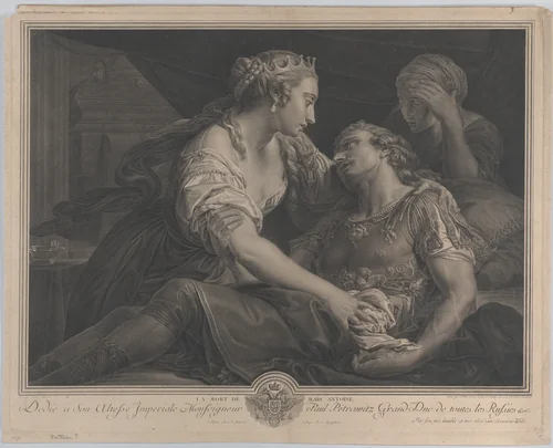 The Death of Mark Antony with Cleopatra at left by Johann Georg Wille, print, 1778