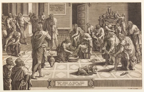 Christ Washes the Feet of the Apostles by Hans Collaert I, print, 1557-1564