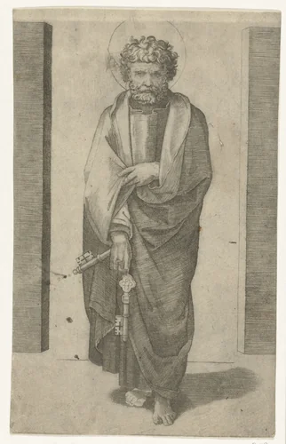 Apostel Petrus met sleutels by Marcantonio Raimondi, print, 1517-1527