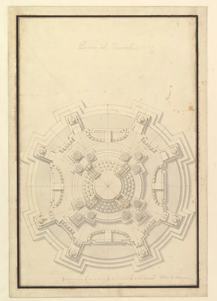 Ground Plan of a Catafalque for Francis Lewis of Newburg, Archshop of Mainz (died Breslau 1732) by Giuseppe Galli Bibiena, drawing, 1727-1737