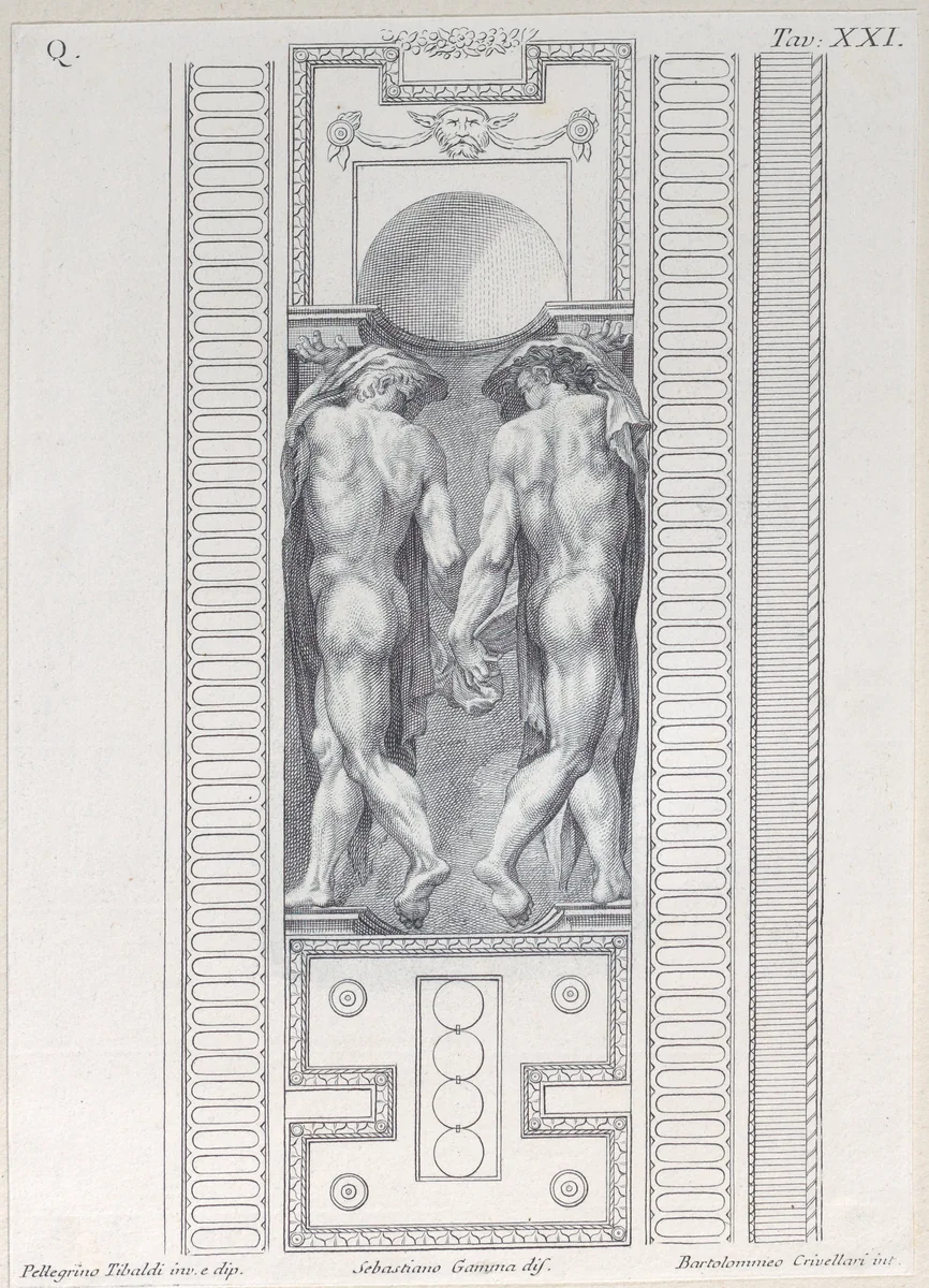 Plate 21: two nude figures wearing veils, seen from behind by Bartolomeo Crivellari, print, 1756
