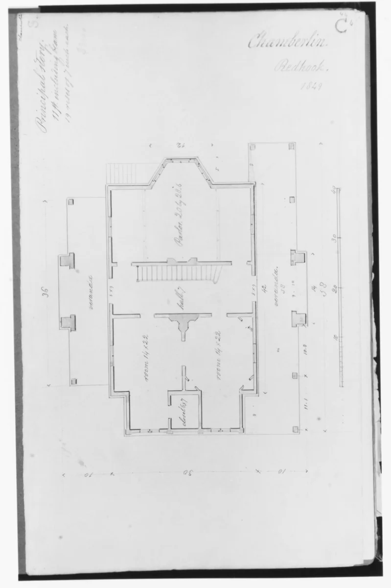 Chamberlin House, Red Hook, Brooklyn, New York (plan of principal floor) by Alexander Jackson Davis, drawing, 1849