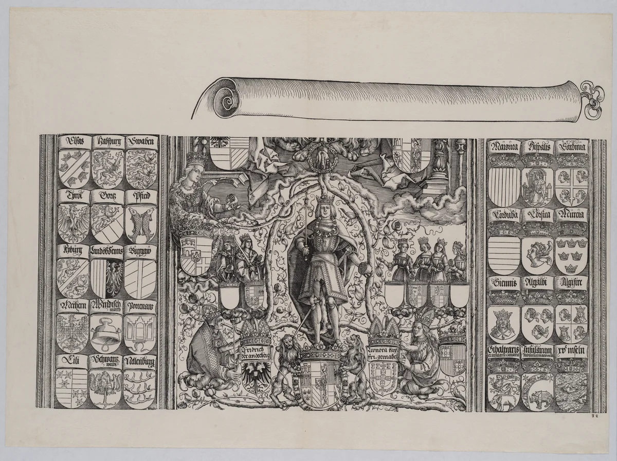 The Upper Portion of the Genealogy of Maximilian; with the Right Edge of the Scroll for the Explanatory Text, from the Arch of Honor, proof, dated 1515, printed 1517–18 by Hans Springinklee, print, 1515-1517