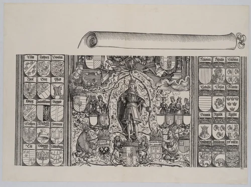 The Upper Portion of the Genealogy of Maximilian; with the Right Edge of the Scroll for the Explanatory Text, from the Arch of Honor, proof, dated 1515, printed 1517–18 by Hans Springinklee, print, 1515-1517
