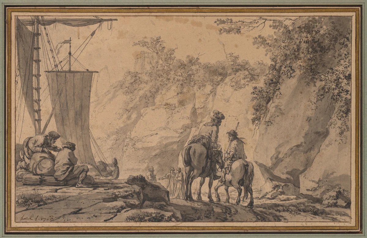Figures in a Landscape by Jean-Pierre-Louis-Laurent Hoüel, drawing, 1763