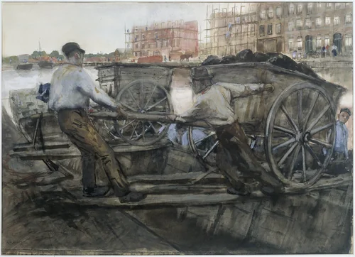 Labourers Pulling a Heavily Laden Cart on Jacob van Lennepkade, Amsterdam by George Hendrik Breitner, drawing, 1900