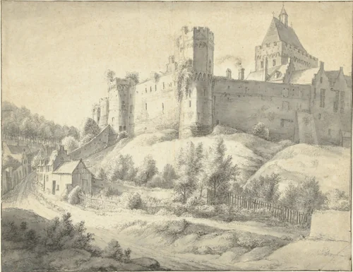 Gezicht op het Valkhof te Nijmegen by Anthonie Waterloo, drawing, 1619-1690