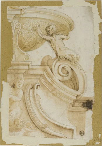 Design for Architrave with Ornamental Scrollwork, Satyr, and Sea Nymph by Unknown Artist, drawing, 1580-1599