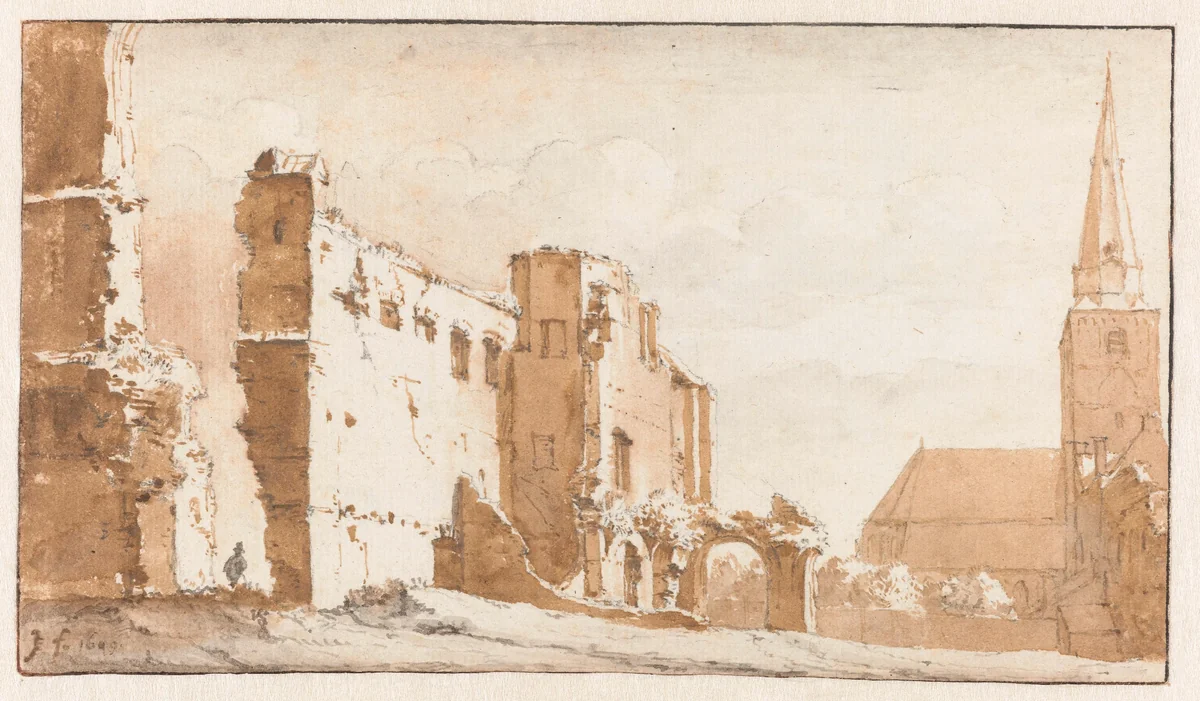 Ruïne van de abdij en de kerk te Rijnsburg by Jan de Bisschop, drawing, 1649