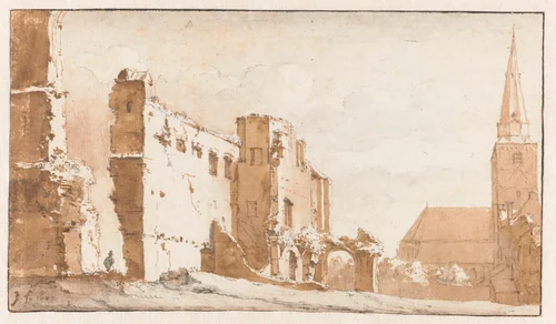 Ruïne van de abdij en de kerk te Rijnsburg by Jan de Bisschop, drawing, 1649