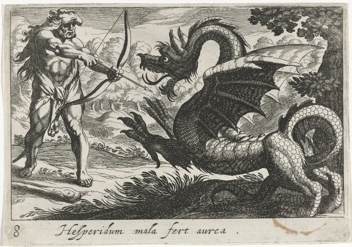 Hercules doodt de draak Ladon by Simon Frisius, print, 1610-1664