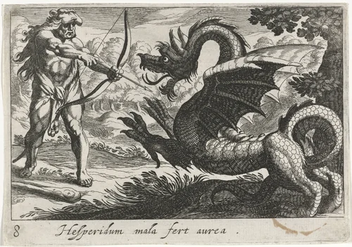 Hercules doodt de draak Ladon by Simon Frisius, print, 1610-1664