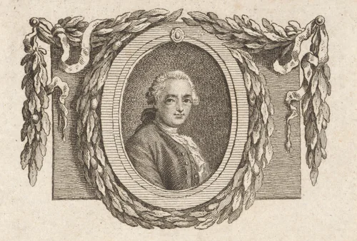 Portret van Jean-Jacques Rousseau, omringd met een lauwerkrans by Reinier Vinkeles, print, 1751-1816