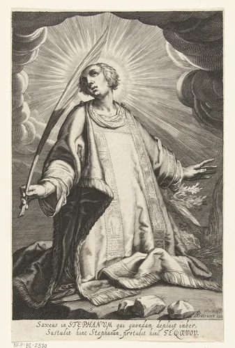 Heilige Stefanus met palmtak en stenen by Boëtius Adamsz. Bolswert, print, 1610-1614