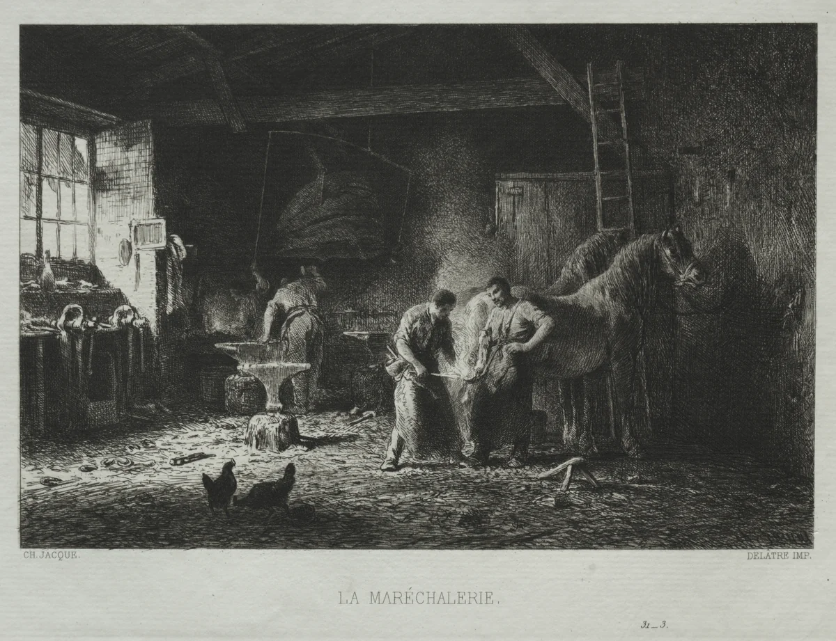 The Blacksmith Shop by Charles-Émile Jacque, print, 1865