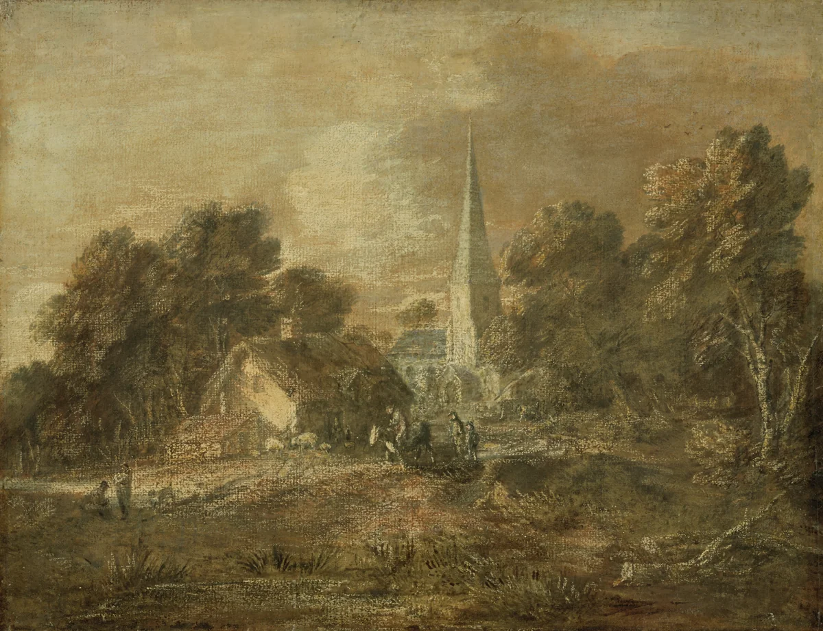 Wooded Landscape with Village Scene by Thomas Gainsborough, print, 1770-1772