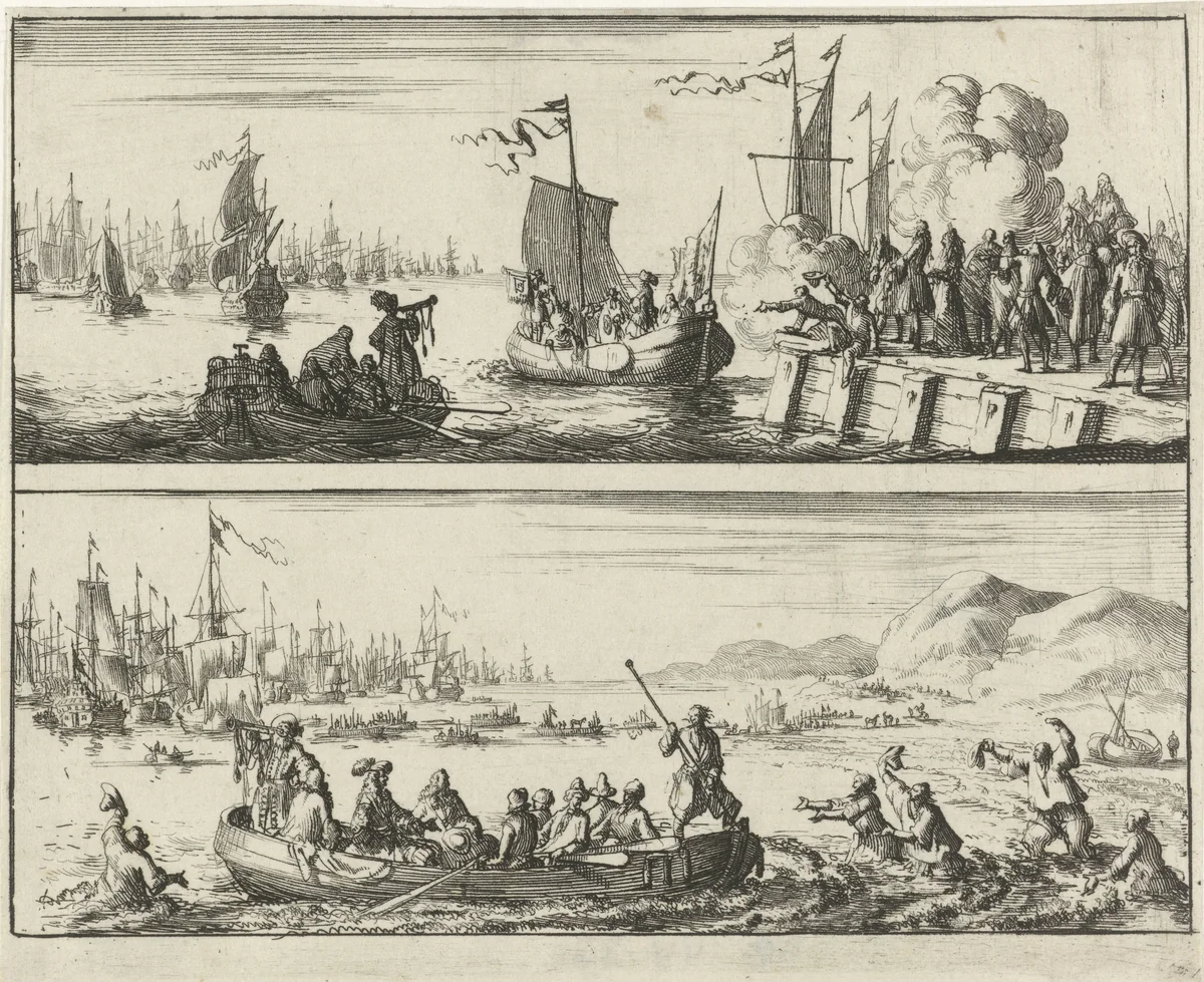 Vertrek naar en aankomst van prins Willem III in Engeland, 1688 by Jan Luyken, print, 1689