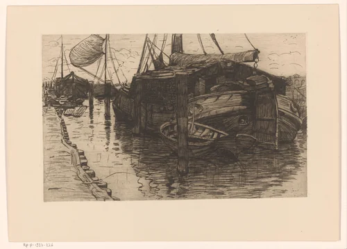 Aangemeerde boten in een haven by Maurits van der Valk, print, 1892
