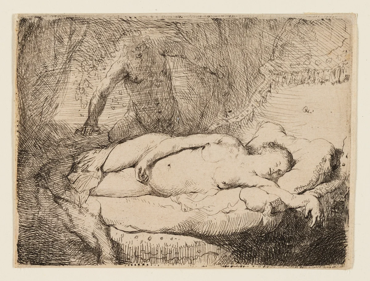 Jupiter and Antiope: Smaller Plate by Rembrandt van Rijn, print, 1626-1636