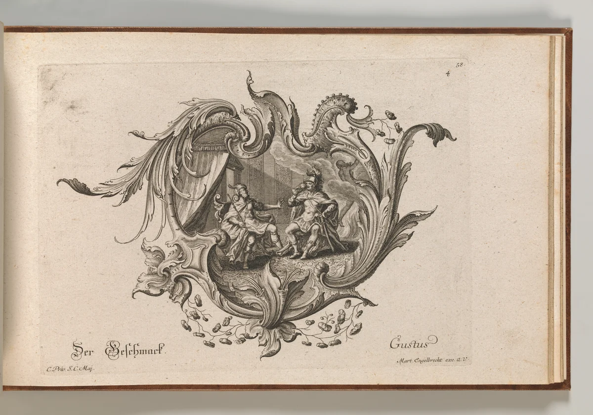 Design for a Cartouche and a Representation of 'Taste', Plate 4 from 'Neu Inventierte auf die artigste Facon Sehr nutzliche Schild.' by Johann Georg Pintz, book, 1745-1755