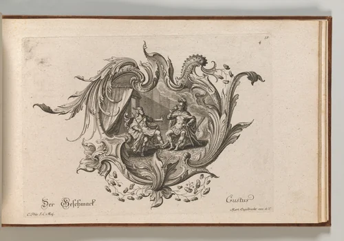 Design for a Cartouche and a Representation of 'Taste', Plate 4 from 'Neu Inventierte auf die artigste Facon Sehr nutzliche Schild.' by Johann Georg Pintz, book, 1745-1755