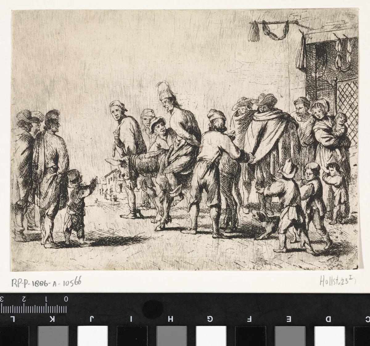 Man op ezel gebonden by Cornelis de Wael, print, 1630-1648